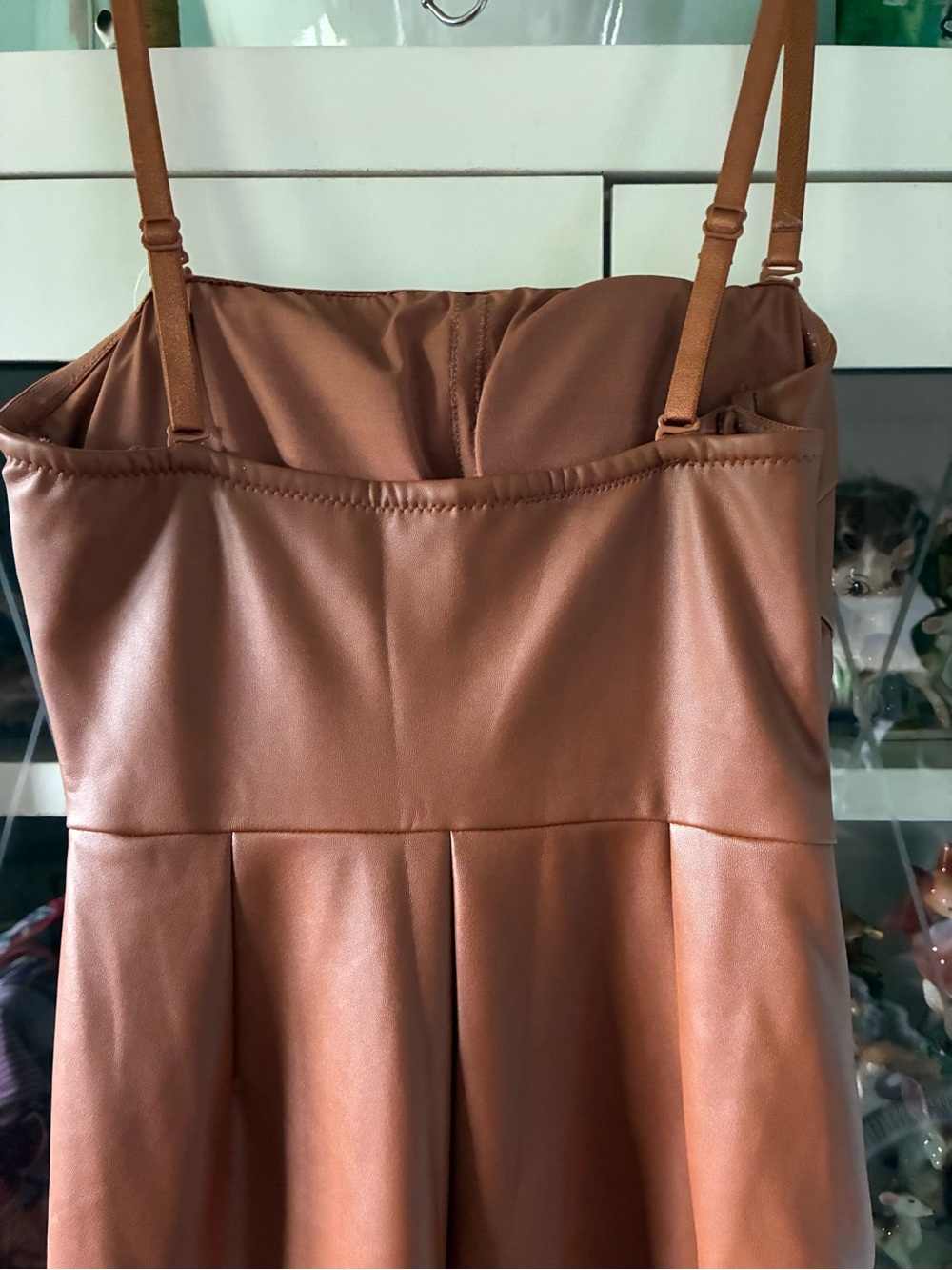 Popilush sz XS Faux Leather Brown Jumpsuit with Strappy Neckline nwt - Picture 13 of 15